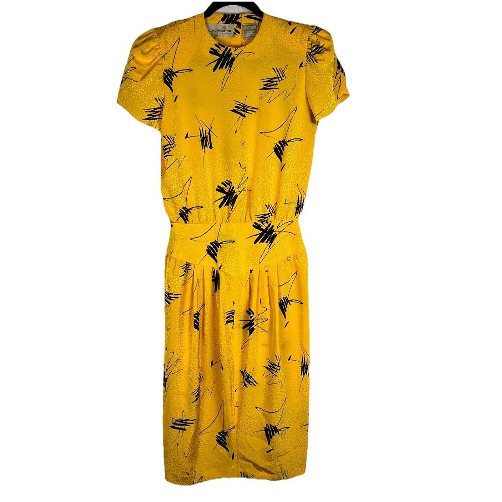 Vintage Liz Claiborne Wiggle Dress Yellow Geometric New Wave Draped Sz 2